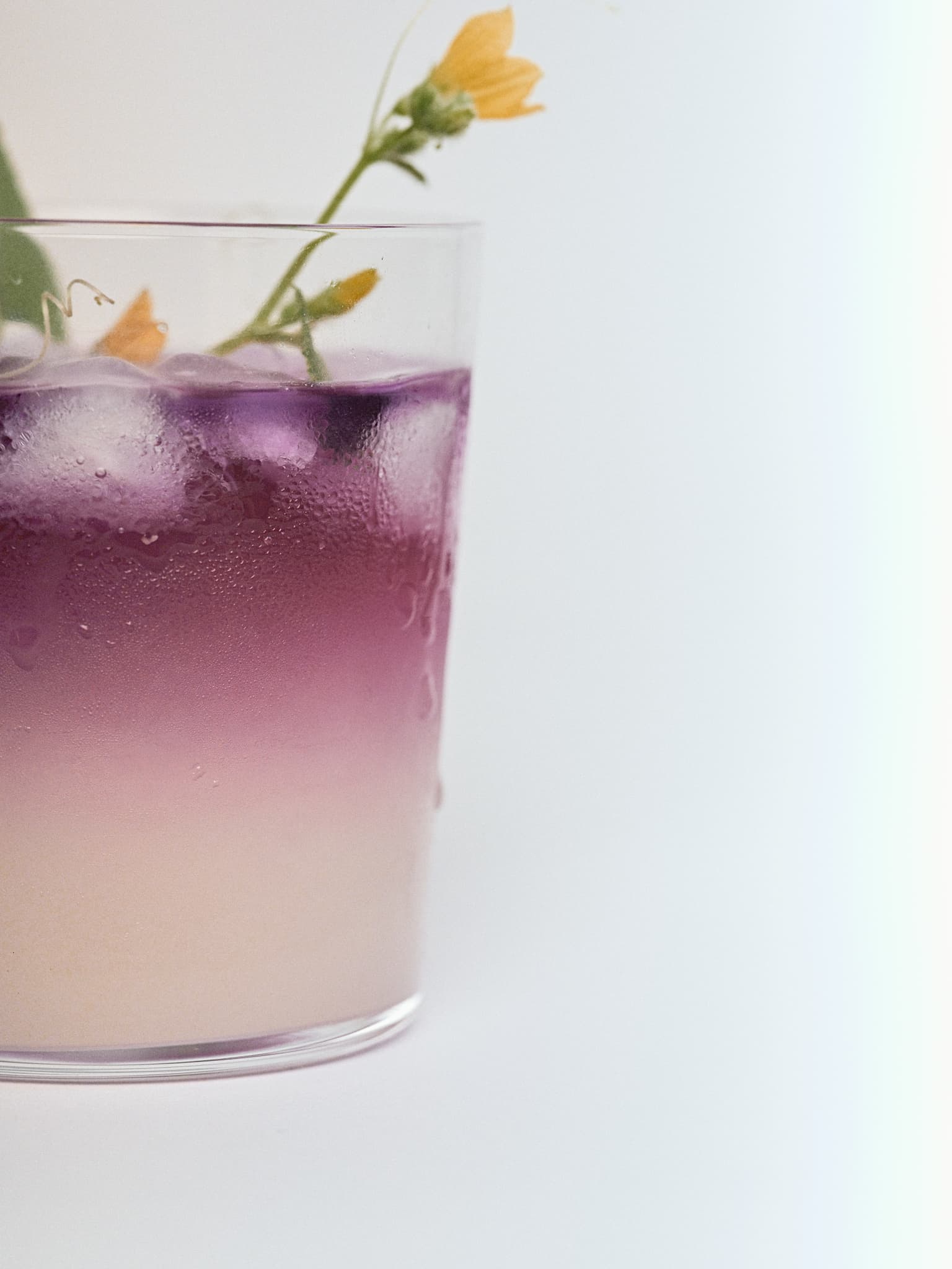 Butterfly lemonade in a clear glass with layered purple and pink tones